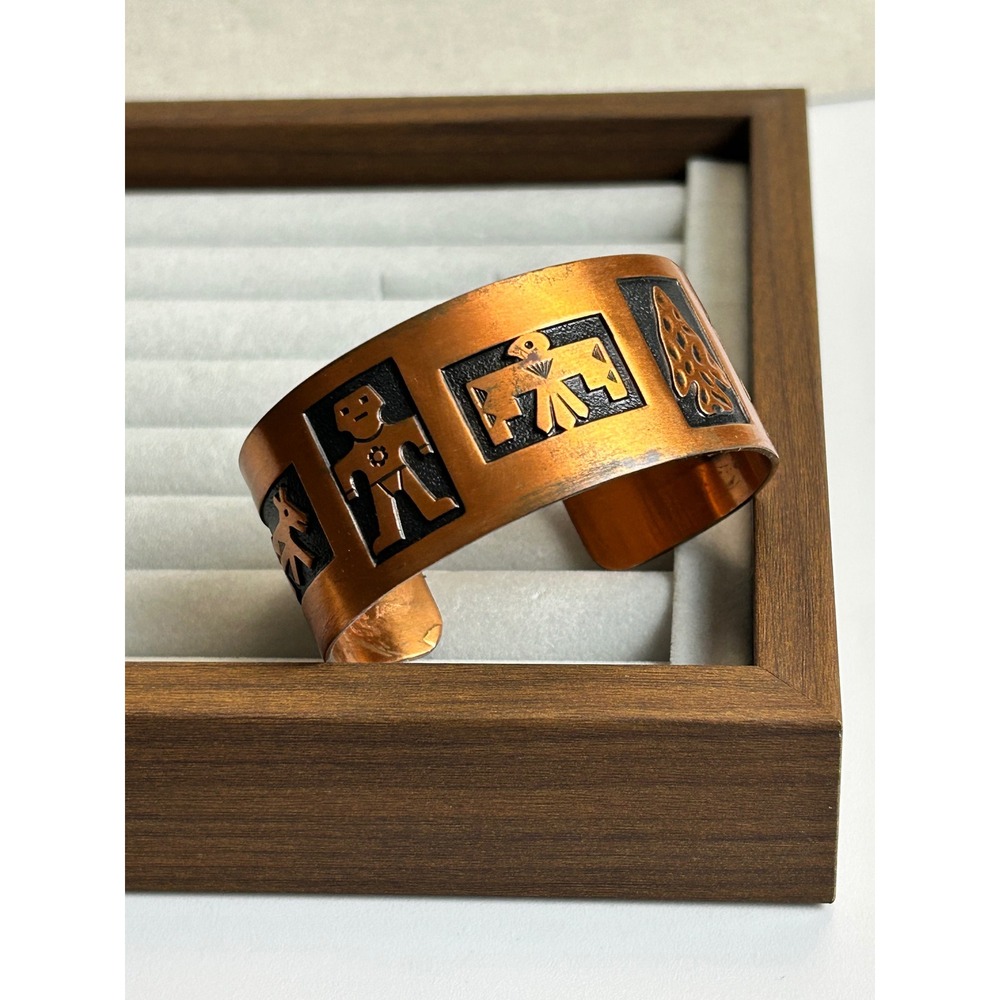 Solid Copper Southwestern Cuff Bracelet Thunderbird Arrowhead Kachina Motif 6.5"